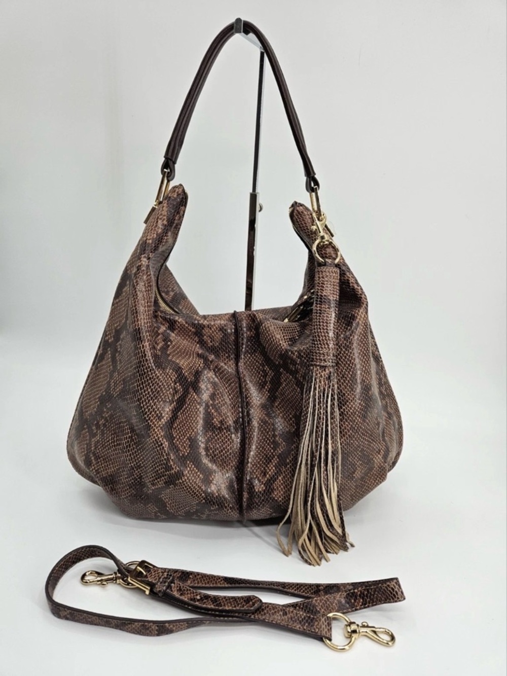 G.I.L.I. Brown Snake-Print Hobo with Tassel Accent